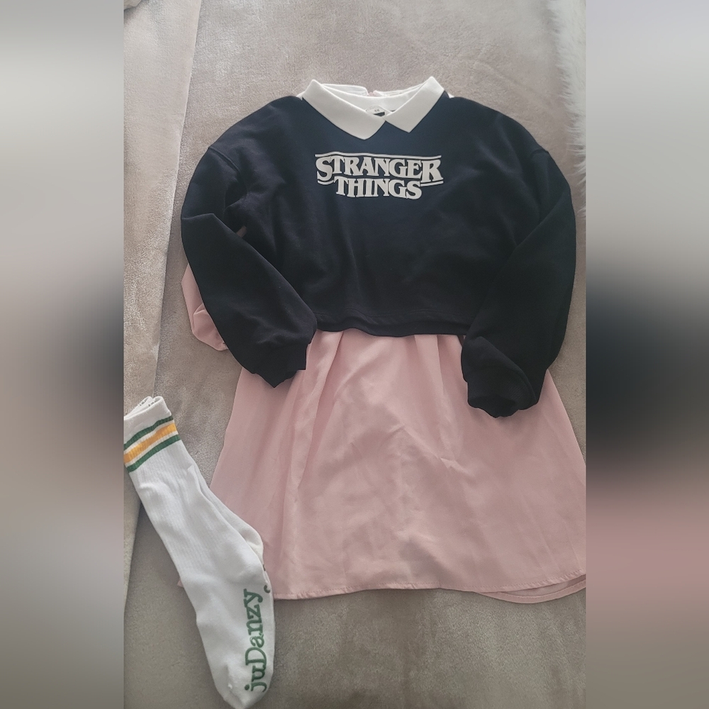 Stranger Things Black Sweatshirt with Eleven Pink Dress With Socks Bundle